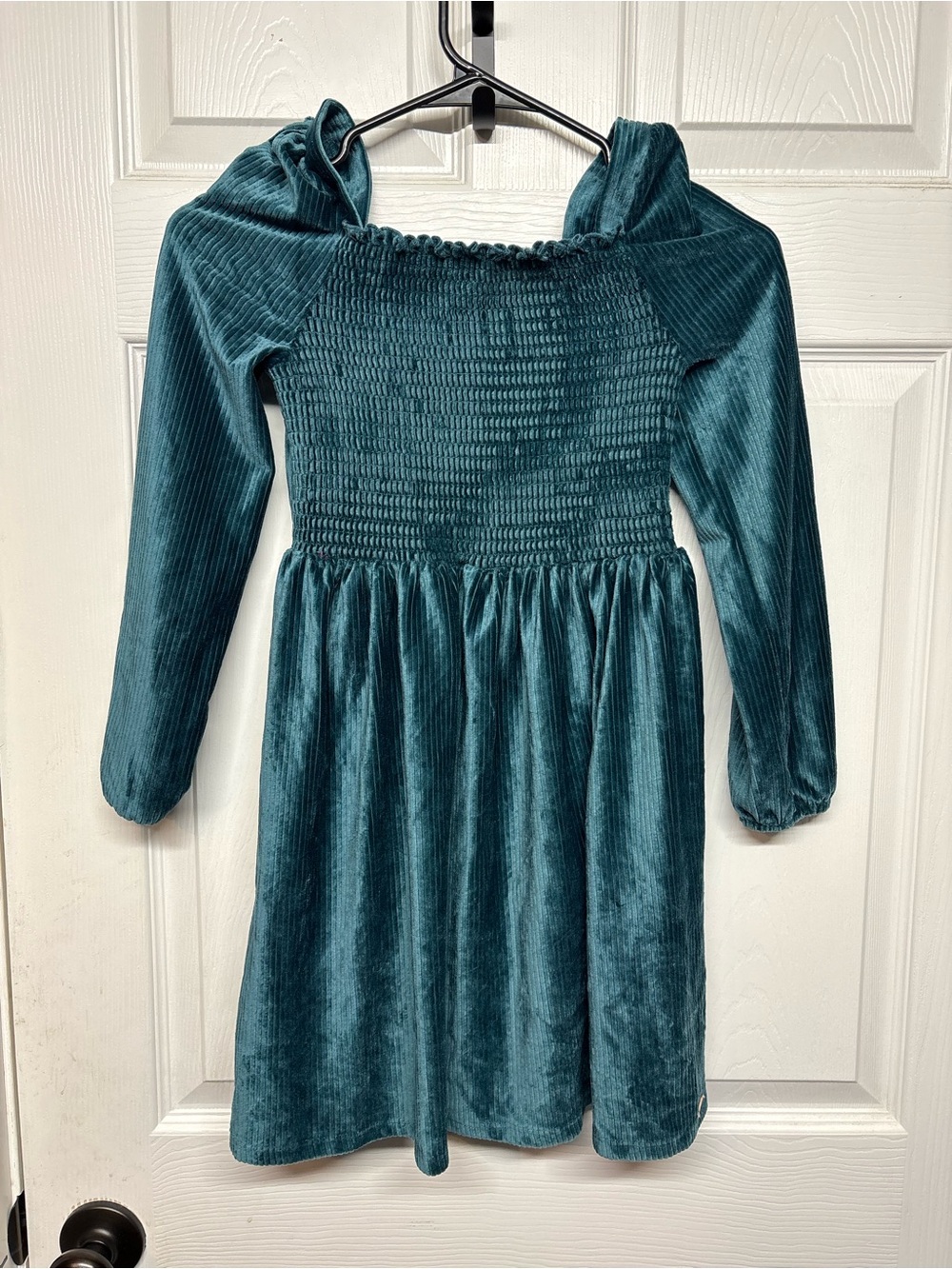 Girls Teal Velvet Long-Sleeve Dress